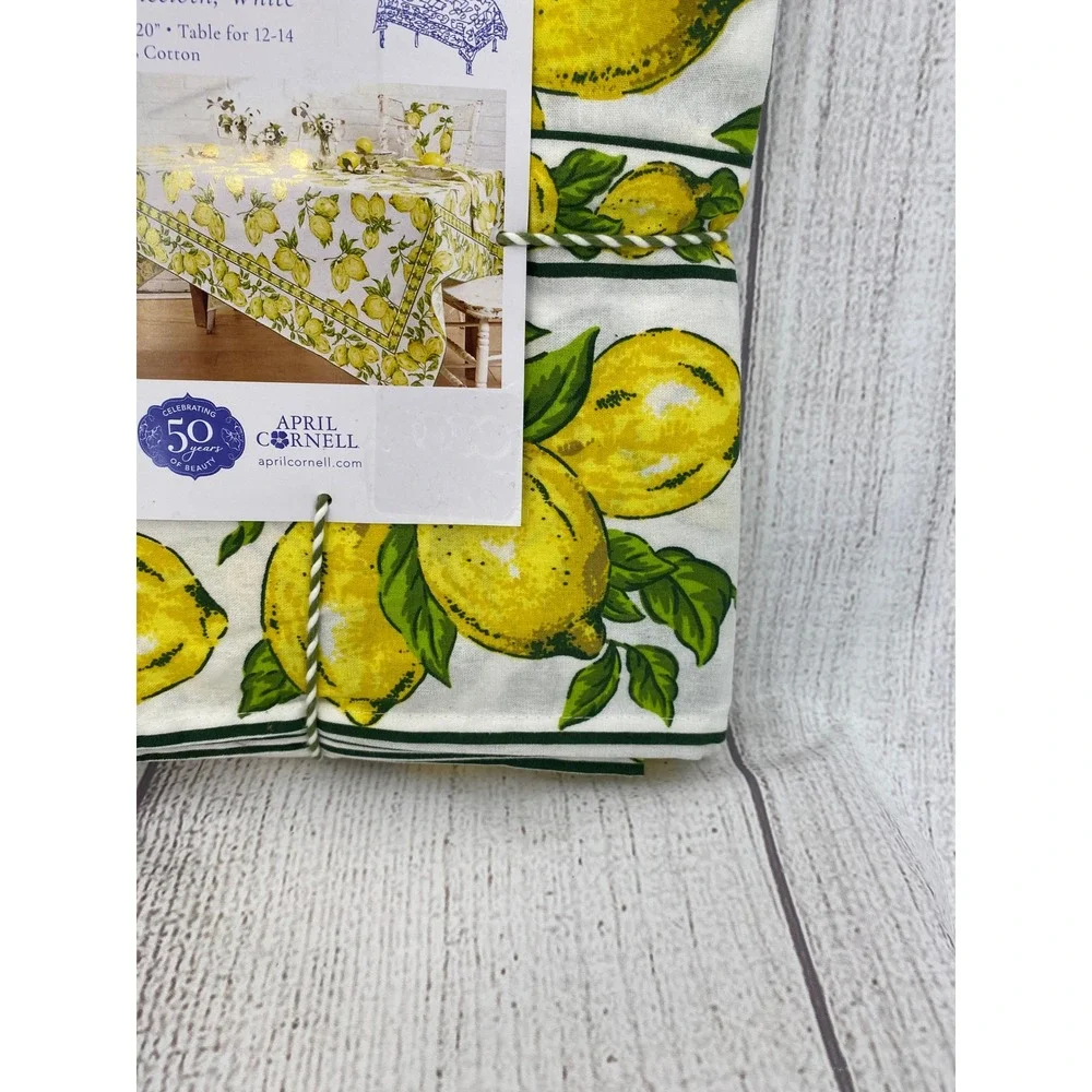 April Cornell Tablecloth 60x120 Lemons White Yellow Cotton Fruit Print Summer